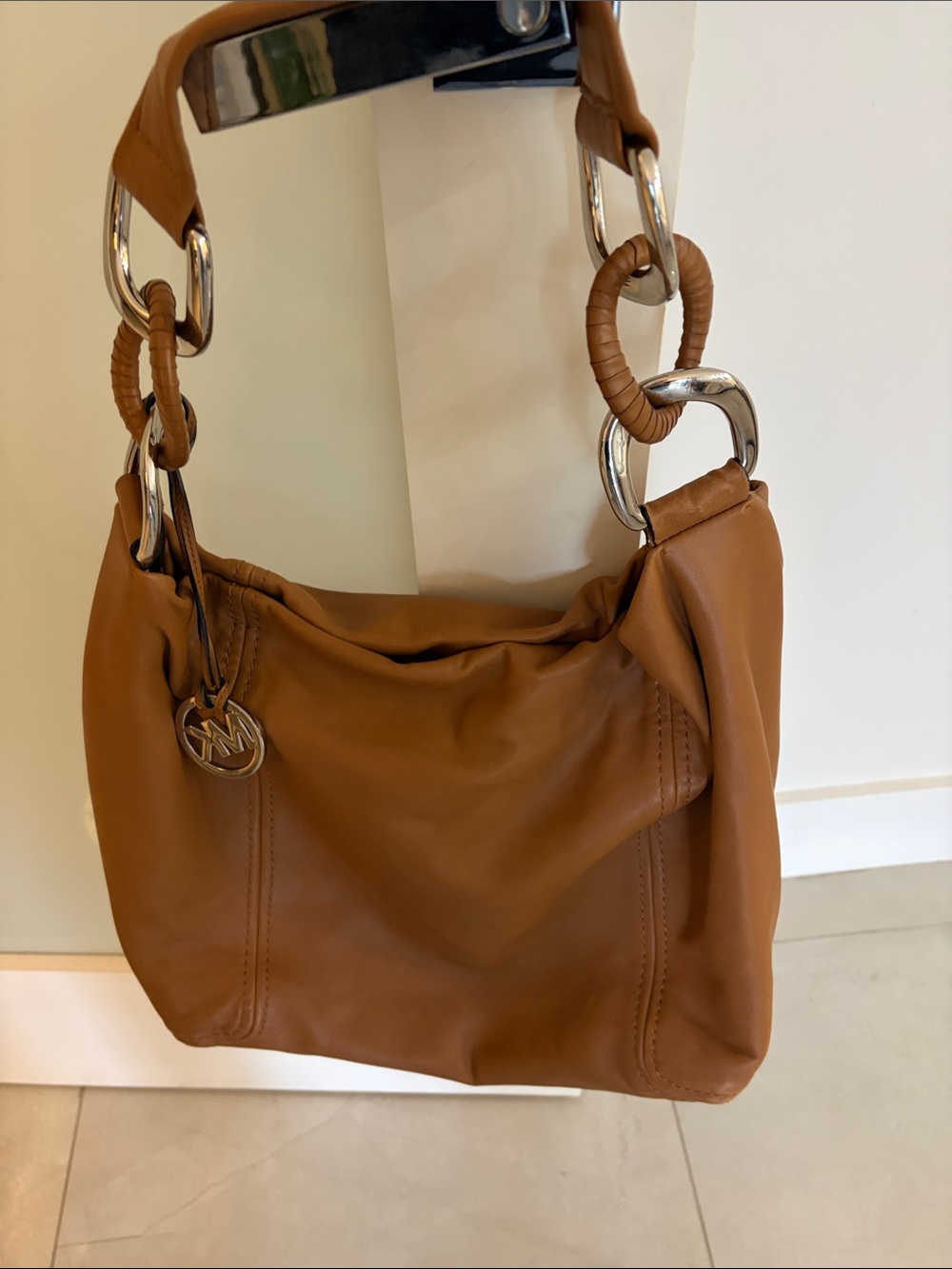 Michael Kors Cognac Leather Shoulder Bag with Silver Hardware